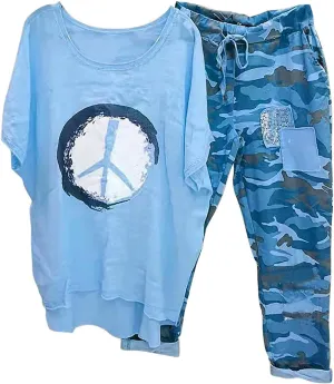 2 Piece Linen Set for Women Summer Outfits Plus Size Short Sleeve Graphic Tees Camo Pants Lounge Matching Sets