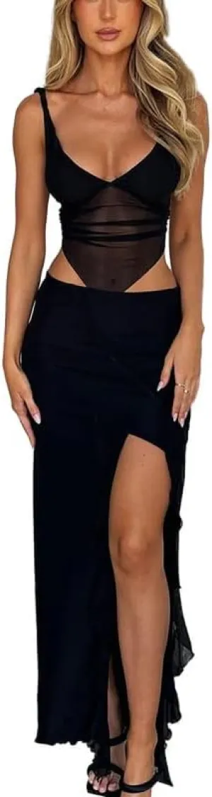 2 Piece Maxi Skirt Set for Women Slim Fit Sleeveless Tank Tops High Split Long Skirts Outfits