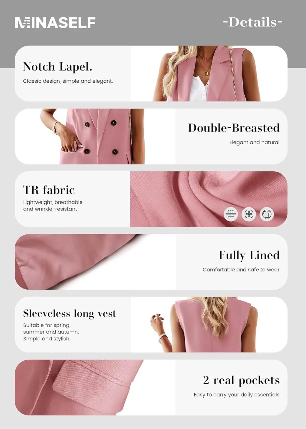 2025 Women's Spring Sleeveless Long Vest Blazer Lightweight Casual Double-Breasted Work Office Jacket With Pockets
