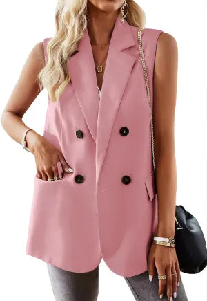 2025 Women's Spring Sleeveless Long Vest Blazer Lightweight Casual Double-Breasted Work Office Jacket With Pockets