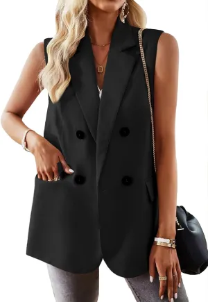 2025 Women's Spring Sleeveless Long Vest Blazer Lightweight Casual Double-Breasted Work Office Jacket With Pockets