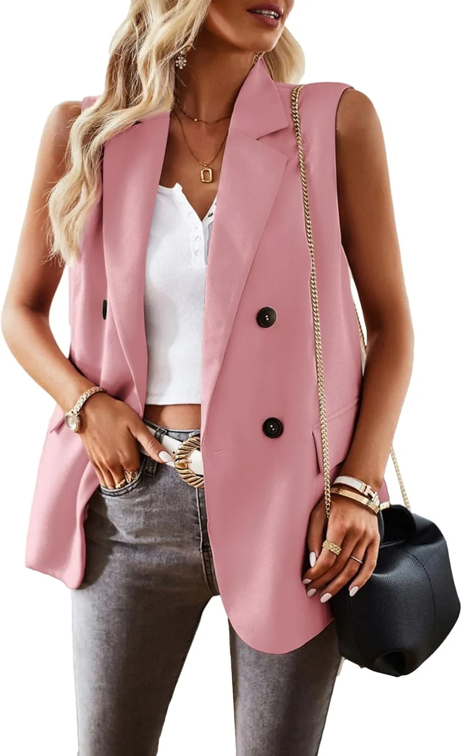 2025 Women's Spring Sleeveless Long Vest Blazer Lightweight Casual Double-Breasted Work Office Jacket With Pockets