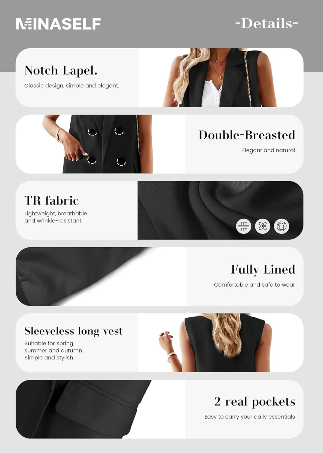 2025 Women's Spring Sleeveless Long Vest Blazer Lightweight Casual Double-Breasted Work Office Jacket With Pockets