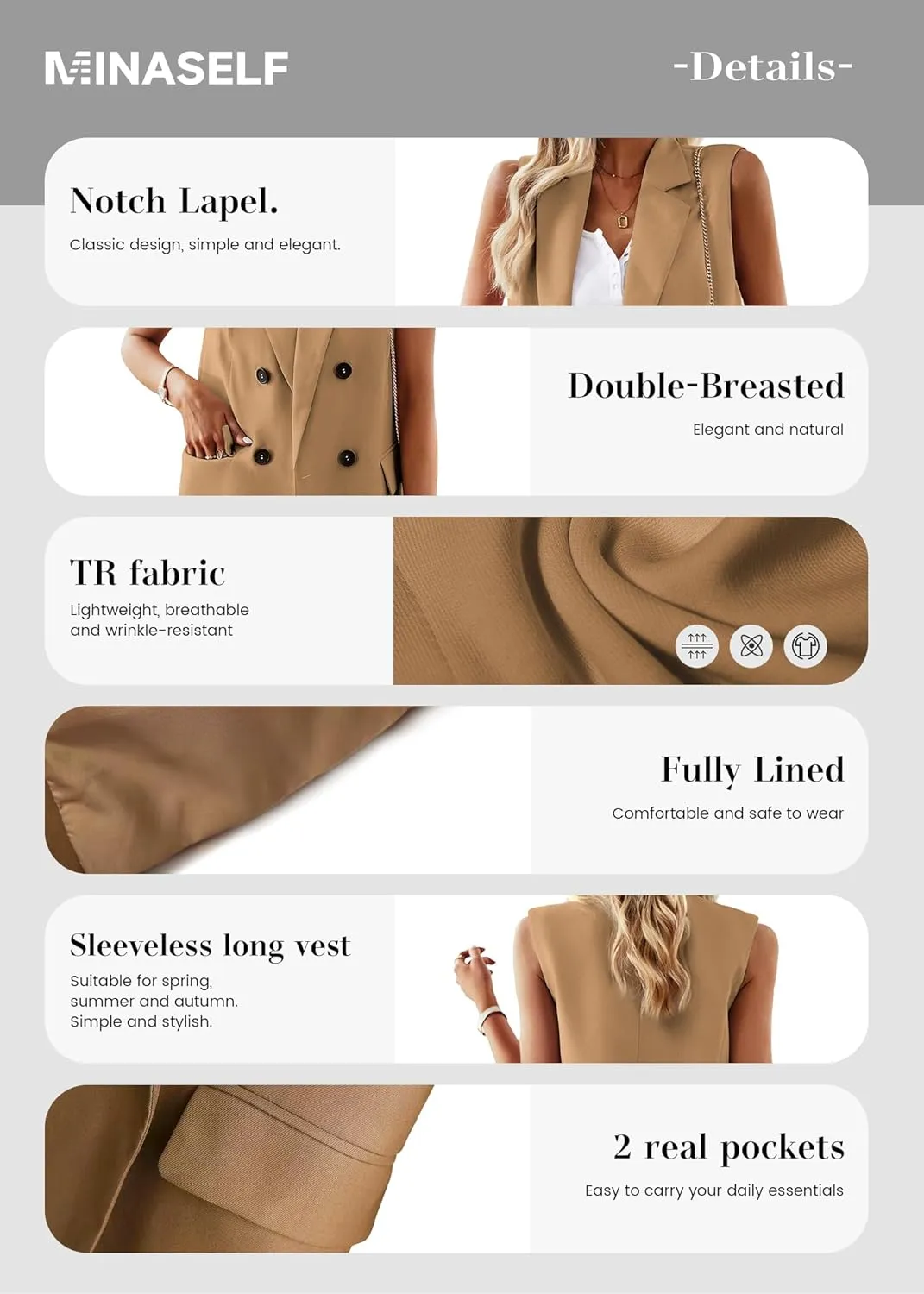 2025 Women's Spring Sleeveless Long Vest Blazer Lightweight Casual Double-Breasted Work Office Jacket With Pockets