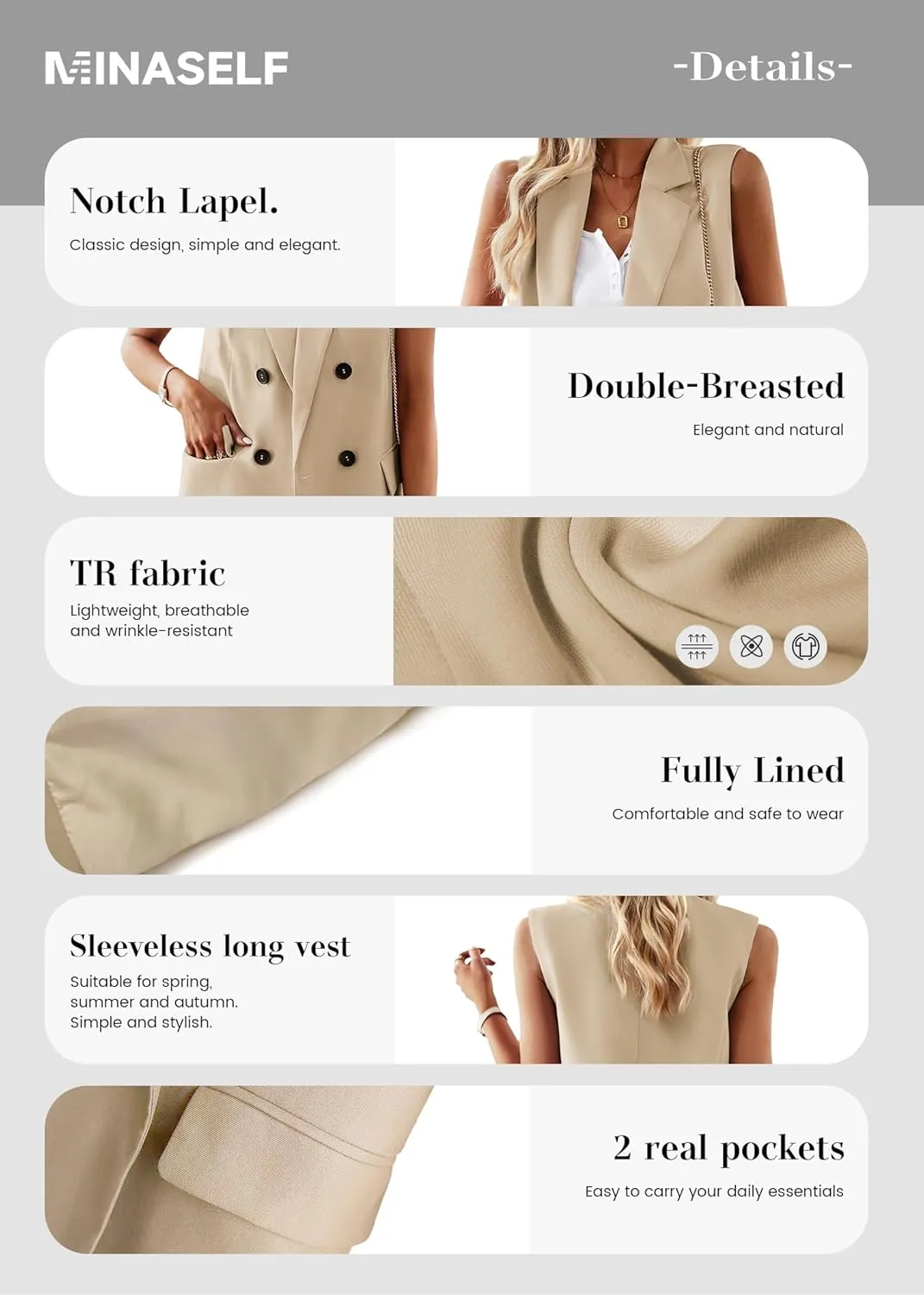 2025 Women's Spring Sleeveless Long Vest Blazer Lightweight Casual Double-Breasted Work Office Jacket With Pockets