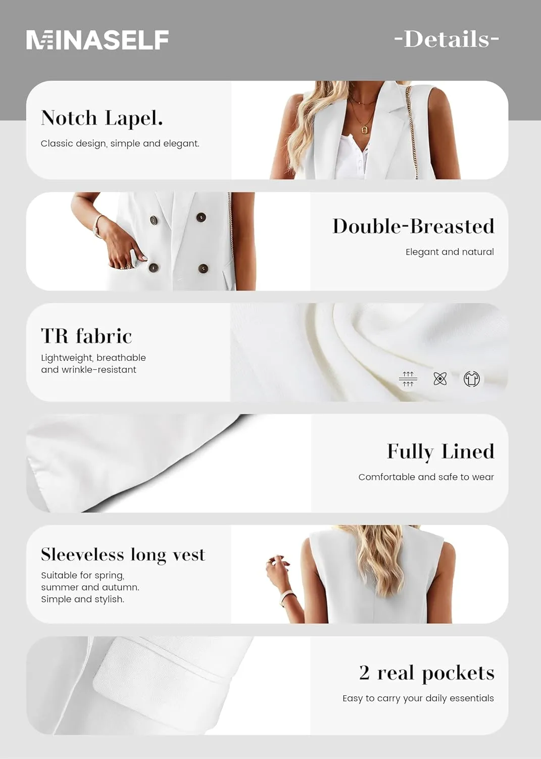 2025 Women's Spring Sleeveless Long Vest Blazer Lightweight Casual Double-Breasted Work Office Jacket With Pockets