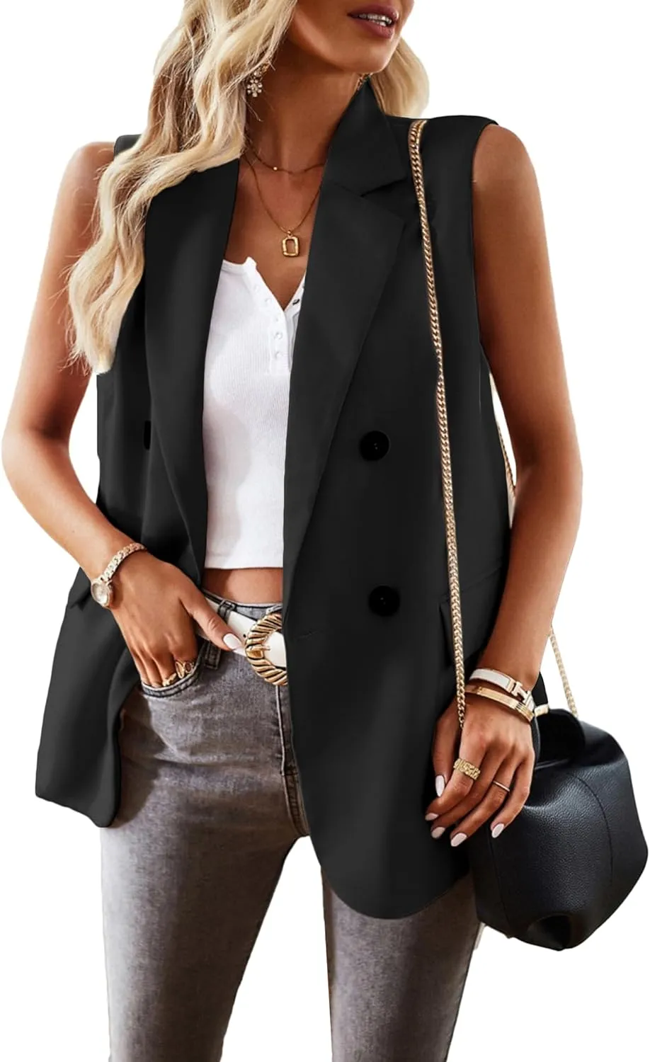 2025 Women's Spring Sleeveless Long Vest Blazer Lightweight Casual Double-Breasted Work Office Jacket With Pockets
