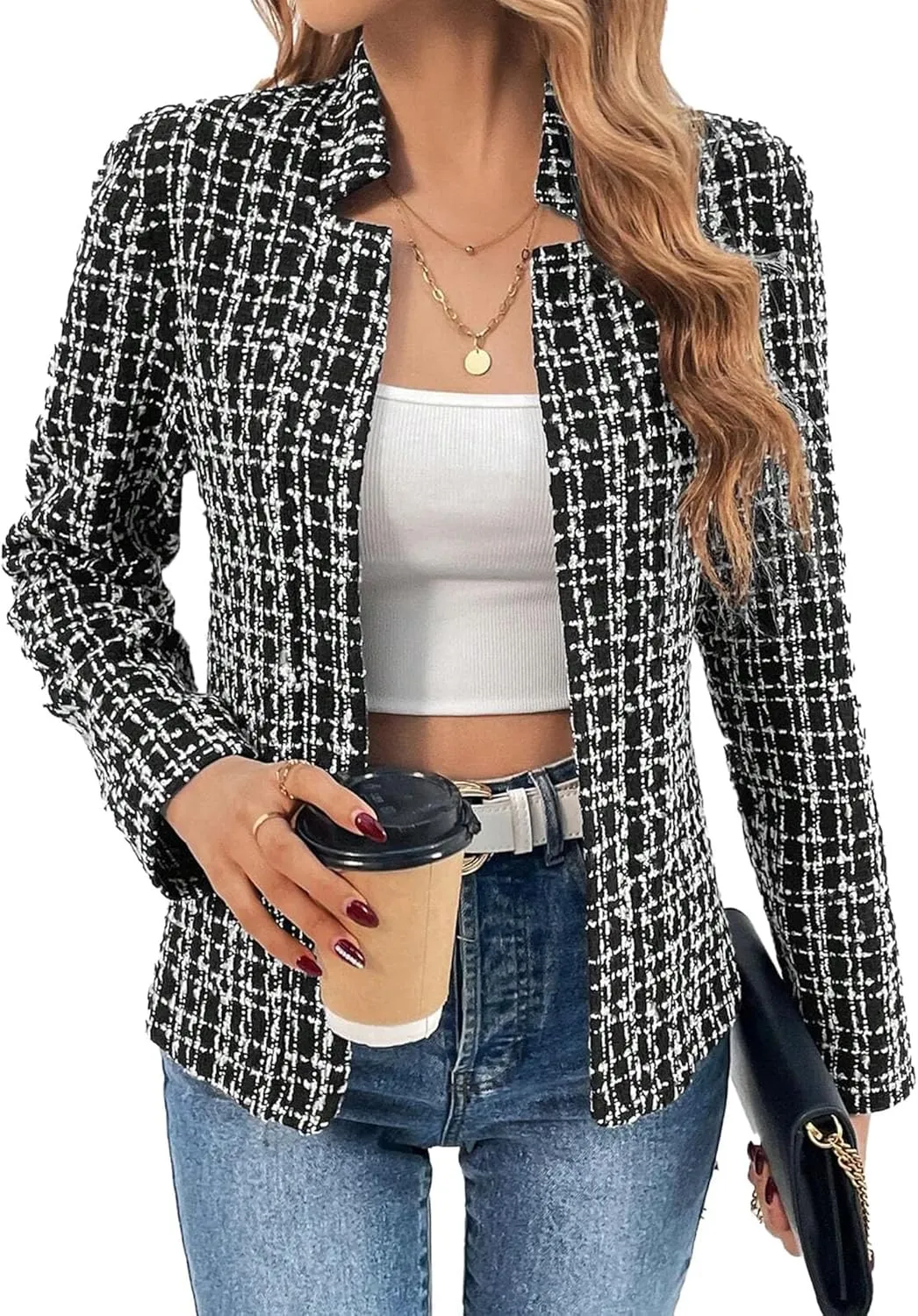 2025 Women's Tweed Blazer Lightweight Plaid Open-Front Stand-Collar Fully-Lined Casual Fashion Elegant Jacket