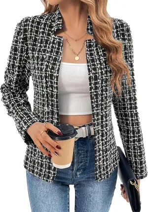 2025 Women's Tweed Blazer Lightweight Plaid Open-Front Stand-Collar Fully-Lined Casual Fashion Elegant Jacket