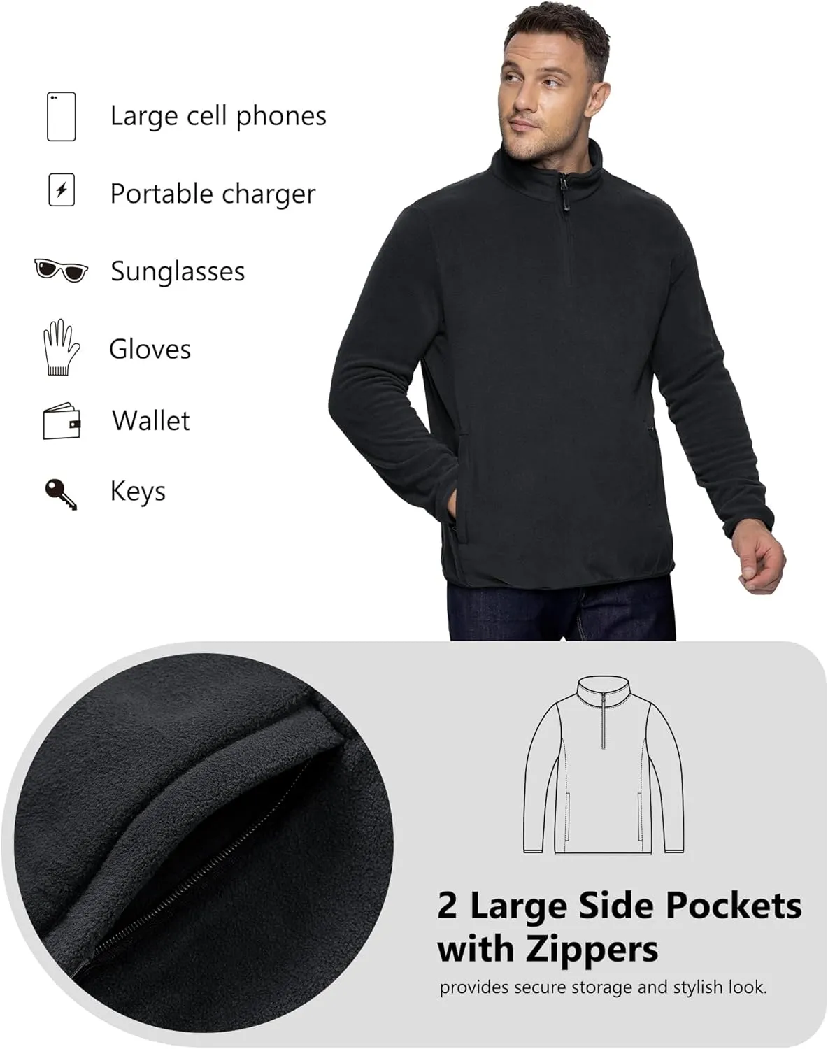 33,000ft Men's Quarter-Zip Polar Fleece Jacket, Long Sleeve Half Zip Fleece Pullover Sweaters Thermal Golf Sweatshirt