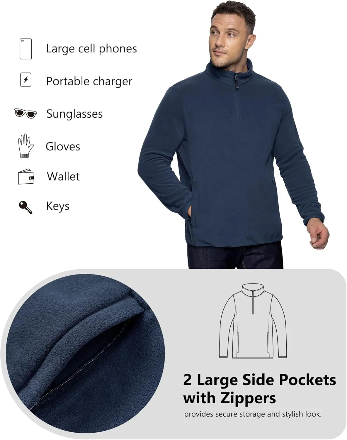 33,000ft Men's Quarter-Zip Polar Fleece Jacket, Long Sleeve Half Zip Fleece Pullover Sweaters Thermal Golf Sweatshirt
