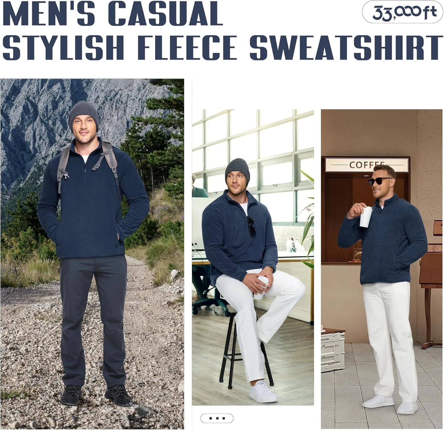33,000ft Men's Quarter-Zip Polar Fleece Jacket, Long Sleeve Half Zip Fleece Pullover Sweaters Thermal Golf Sweatshirt