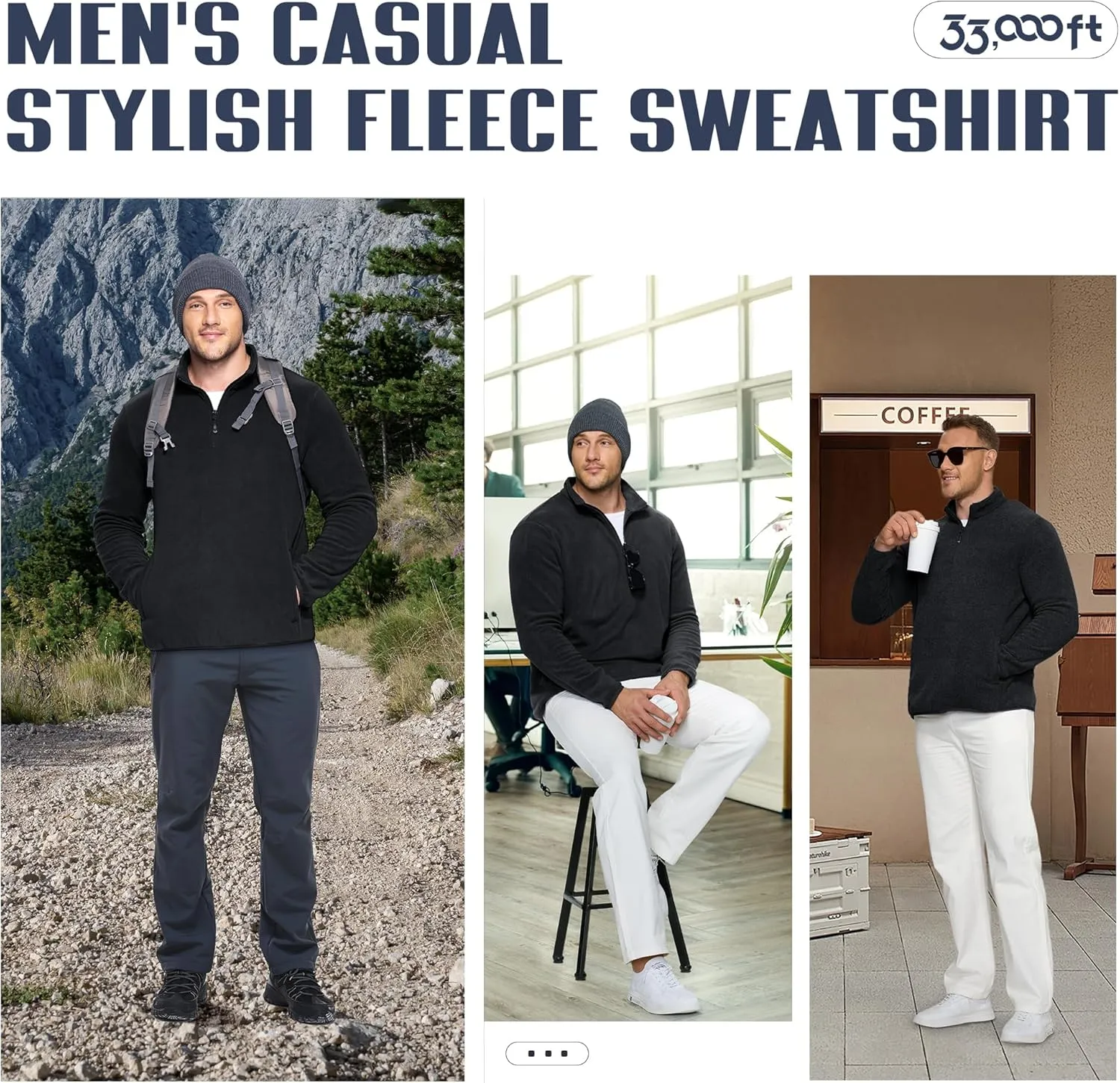 33,000ft Men's Quarter-Zip Polar Fleece Jacket, Long Sleeve Half Zip Fleece Pullover Sweaters Thermal Golf Sweatshirt