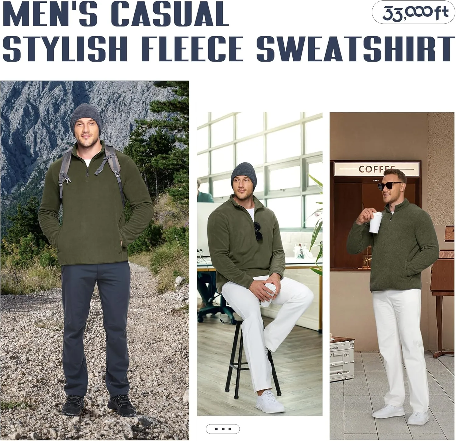33,000ft Men's Quarter-Zip Polar Fleece Jacket, Long Sleeve Half Zip Fleece Pullover Sweaters Thermal Golf Sweatshirt