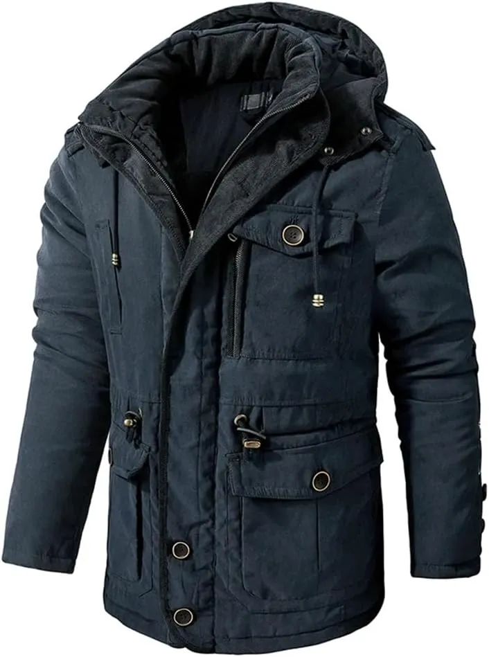 Adhdyuud Men's Cotton-Padded Hooded Parkas Coats Winter Outdoor Thicken Cashmere Fleece Military Warm Jacket