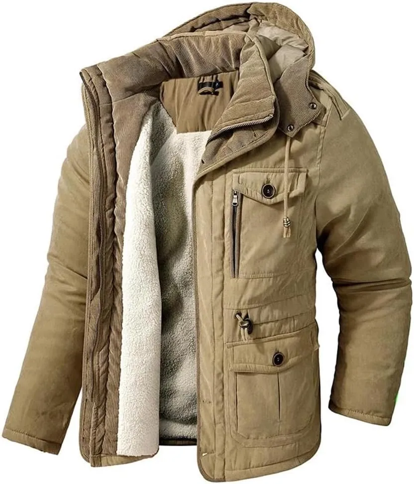 Adhdyuud Men's Cotton-Padded Hooded Parkas Coats Winter Outdoor Thicken Cashmere Fleece Military Warm Jacket