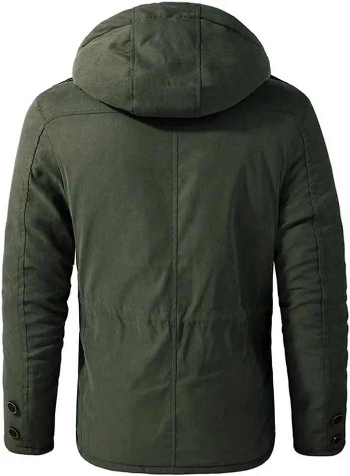 Adhdyuud Men's Cotton-Padded Hooded Parkas Coats Winter Outdoor Thicken Cashmere Fleece Military Warm Jacket