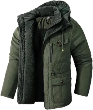 Adhdyuud Men's Cotton-Padded Hooded Parkas Coats Winter Outdoor Thicken Cashmere Fleece Military Warm Jacket