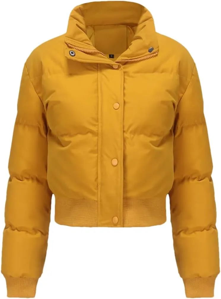 Adhdyuud Turtleneck Zipper Warm Cotton Padded Coats Womens Short Long Sleeve Short Cotton Jacket
