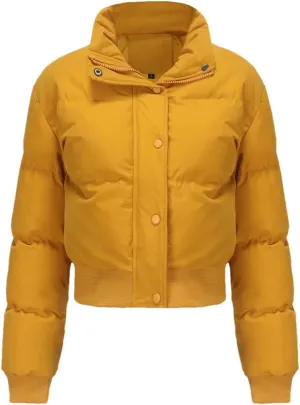 Adhdyuud Turtleneck Zipper Warm Cotton Padded Coats Womens Short Long Sleeve Short Cotton Jacket