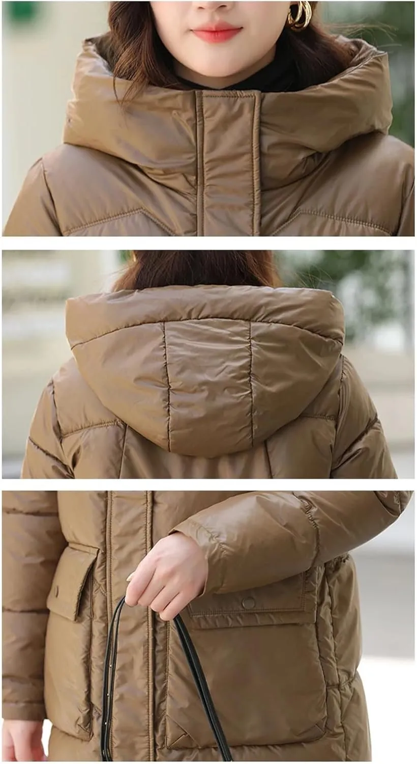 Adhdyuud Women Solid Hooded Long Cotton-Padded Coats Zipper Vintage Thick Winter Warm Overcoat