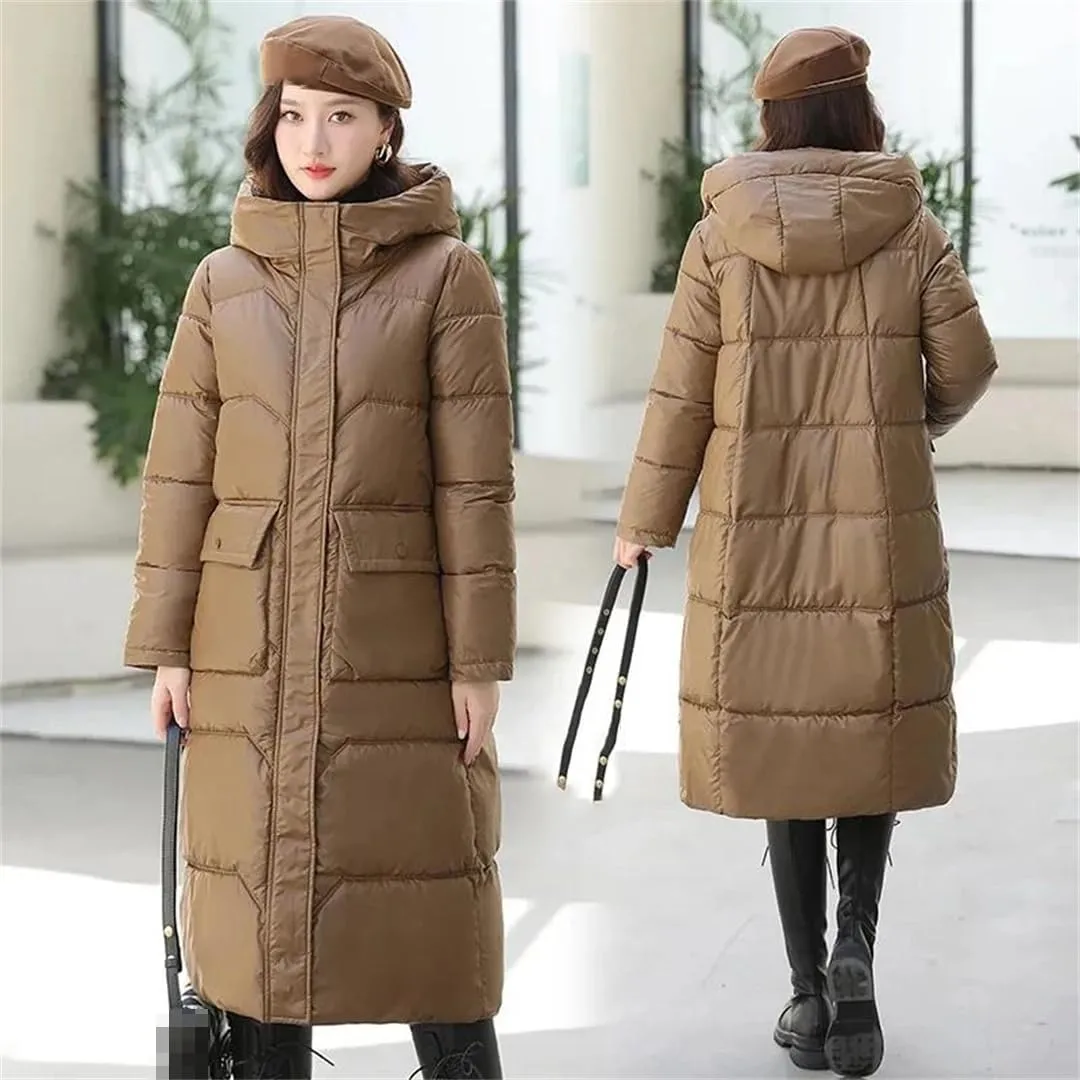 Adhdyuud Women Solid Hooded Long Cotton-Padded Coats Zipper Vintage Thick Winter Warm Overcoat