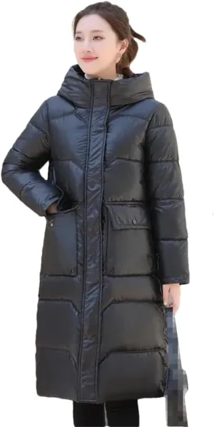 Adhdyuud Women Solid Hooded Long Cotton-Padded Coats Zipper Vintage Thick Winter Warm Overcoat