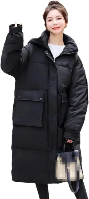 Adhdyuud Women Solid With Pocket Long Cotton Padded Coats Thicken Warm Hooded Winter Jacket Winter