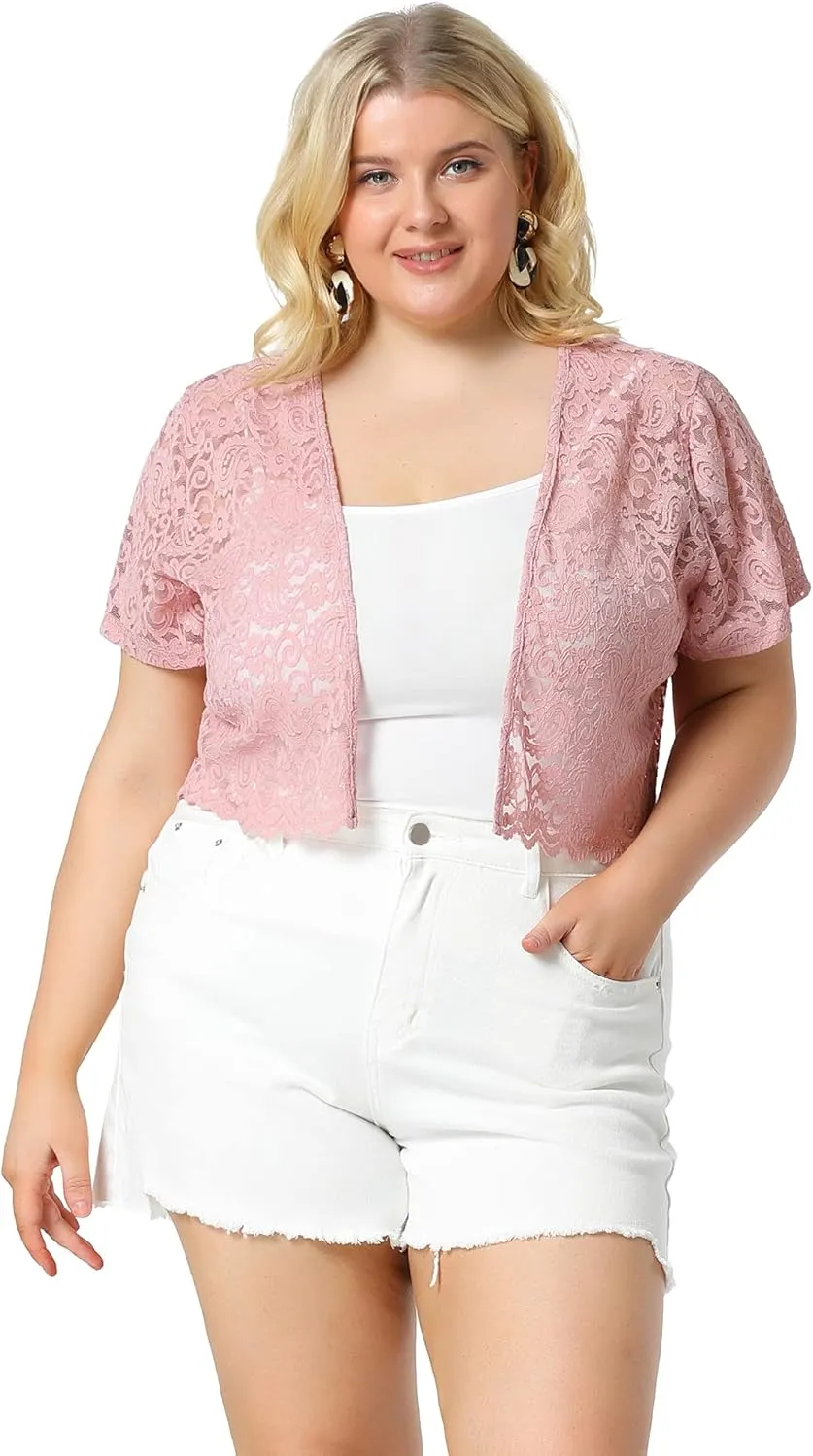 Agnes Orinda Plus Size Bolero Shrugs for Women Open Front Short Sleeve Crochet Lace Cropped Cardigans