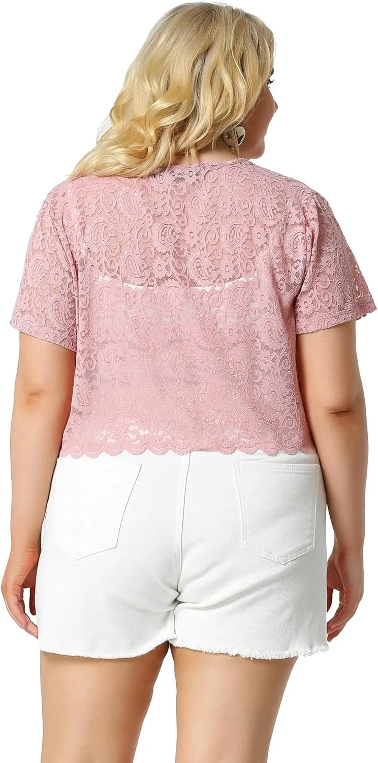 Agnes Orinda Plus Size Bolero Shrugs for Women Open Front Short Sleeve Crochet Lace Cropped Cardigans
