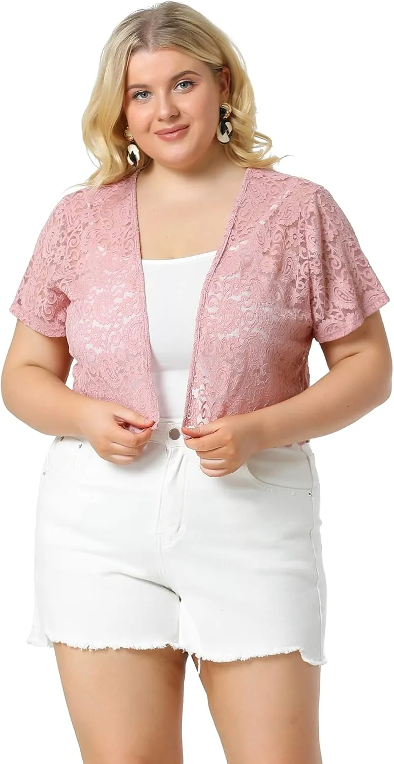 Agnes Orinda Plus Size Bolero Shrugs for Women Open Front Short Sleeve Crochet Lace Cropped Cardigans