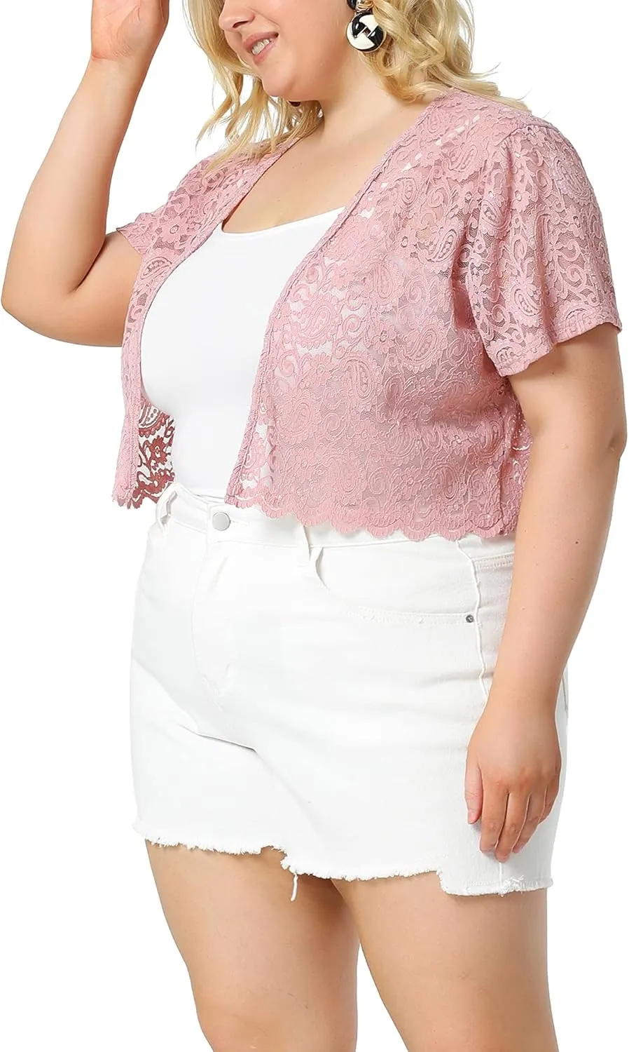 Agnes Orinda Plus Size Bolero Shrugs for Women Open Front Short Sleeve Crochet Lace Cropped Cardigans