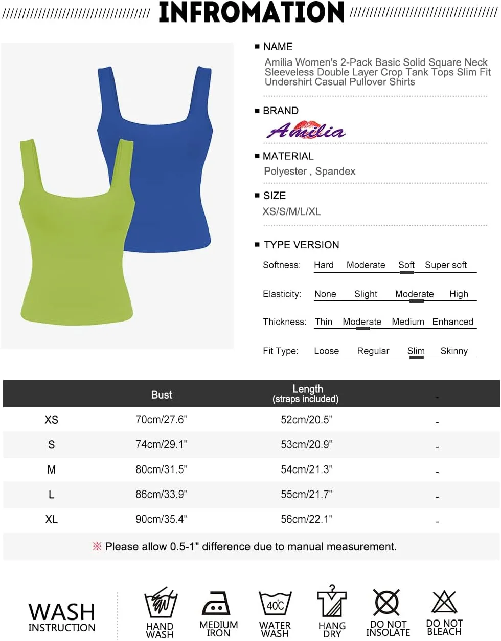 Amilia Women's 2-Pack Basic Solid Square Neck Sleeveless Double Layer Crop Tank Tops Undershirt Casual Tunic Pullover Shirts
