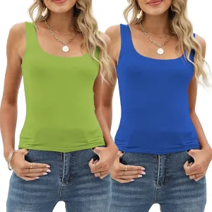 Amilia Women's 2-Pack Basic Solid Square Neck Sleeveless Double Layer Crop Tank Tops Undershirt Casual Tunic Pullover Shirts