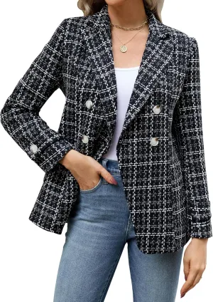 Angashion Womens Tweed Blazer Jackets: Fashion Casual Open Front Elegant Houndstooth Plaid Jacket Coat with Pockets