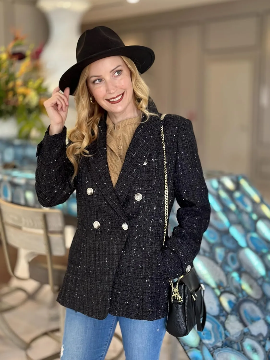 Angashion Womens Tweed Blazer Jackets: Fashion Casual Open Front Elegant Houndstooth Plaid Jacket Coat with Pockets