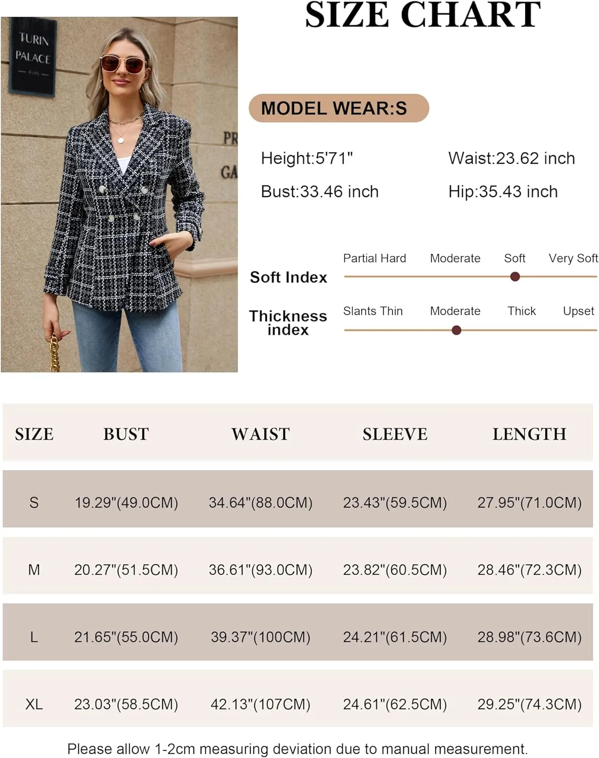 Angashion Womens Tweed Blazer Jackets: Fashion Casual Open Front Elegant Houndstooth Plaid Jacket Coat with Pockets