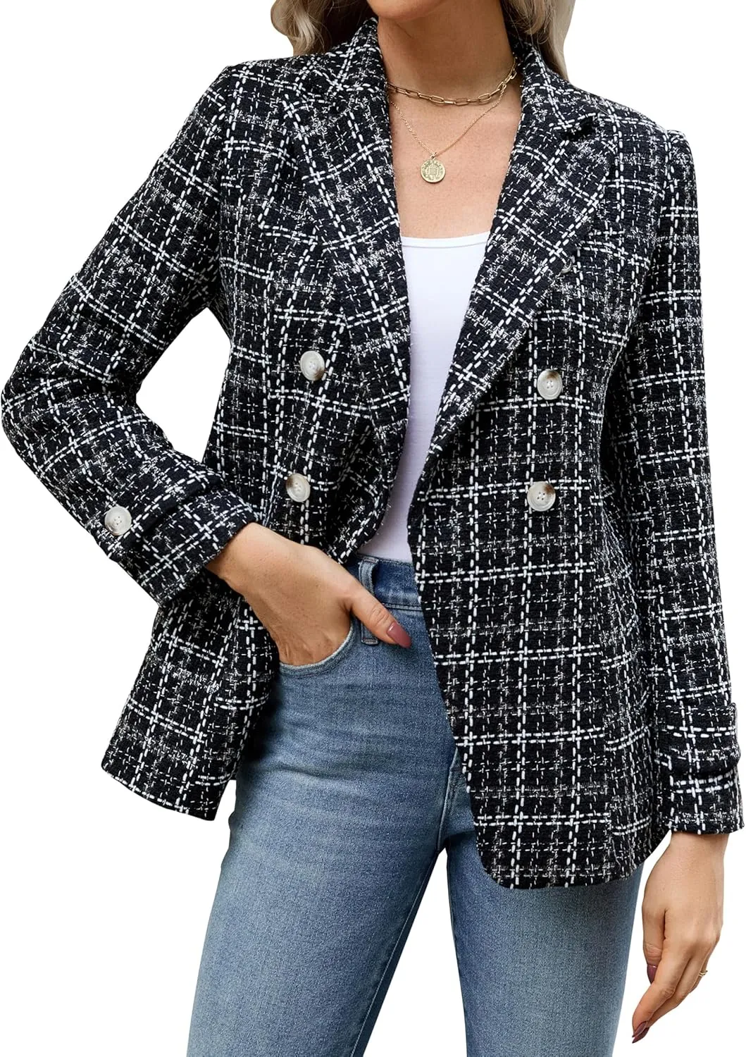 Angashion Womens Tweed Blazer Jackets: Fashion Casual Open Front Elegant Houndstooth Plaid Jacket Coat with Pockets