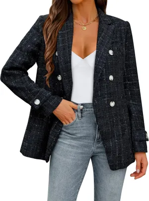 Angashion Womens Tweed Blazer Jackets: Trendy Casual V Neck Open Front Double Breasted Business Work Jacket Coat Black Large