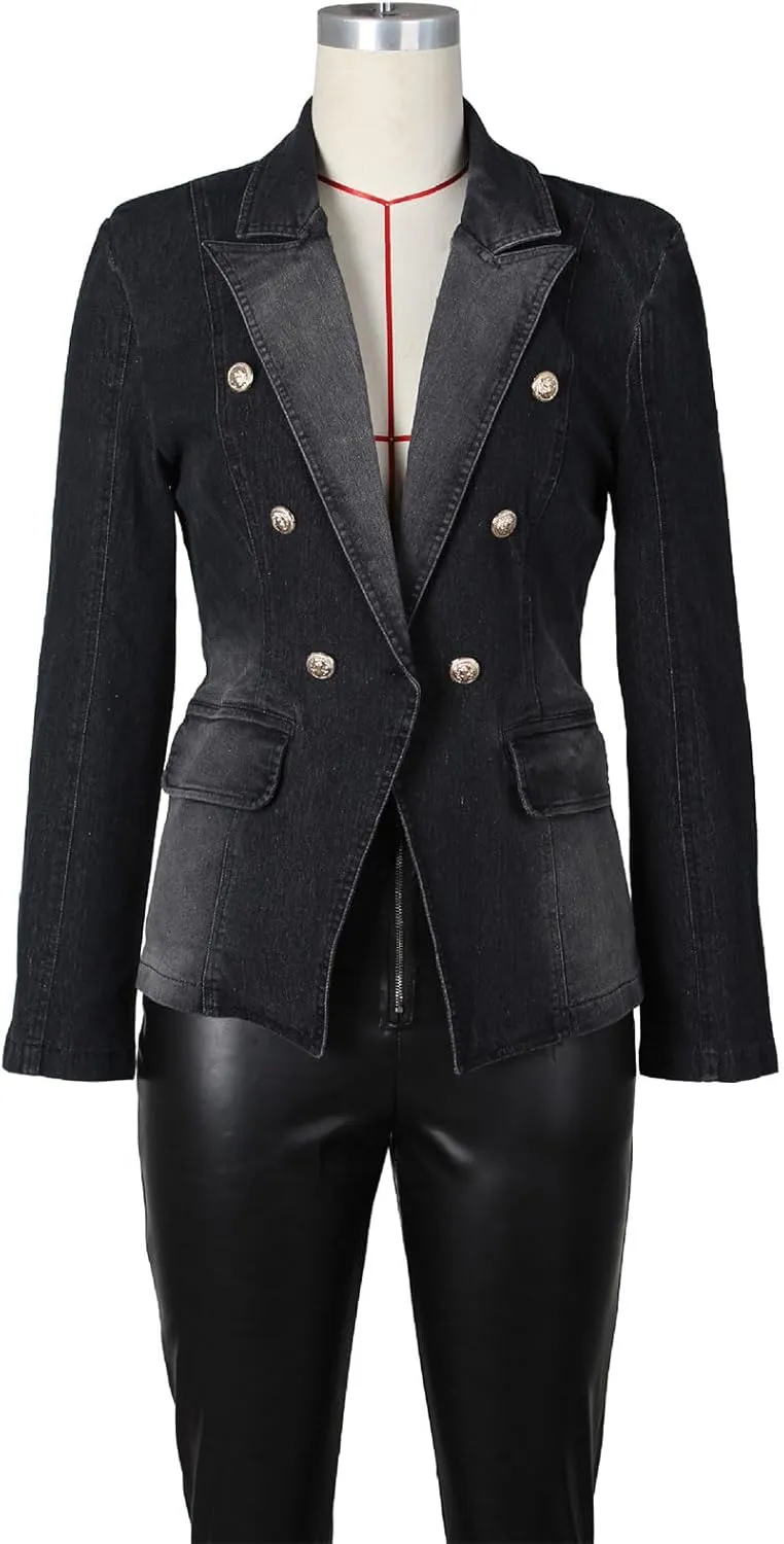 Angsuttc Blazers for Women Business Casual Denim Long Sleeves Lapel Double Breasted Jacket