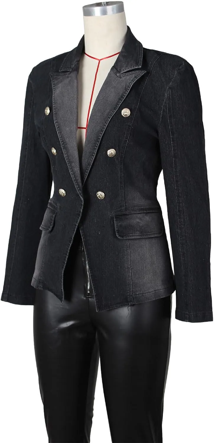 Angsuttc Blazers for Women Business Casual Denim Long Sleeves Lapel Double Breasted Jacket