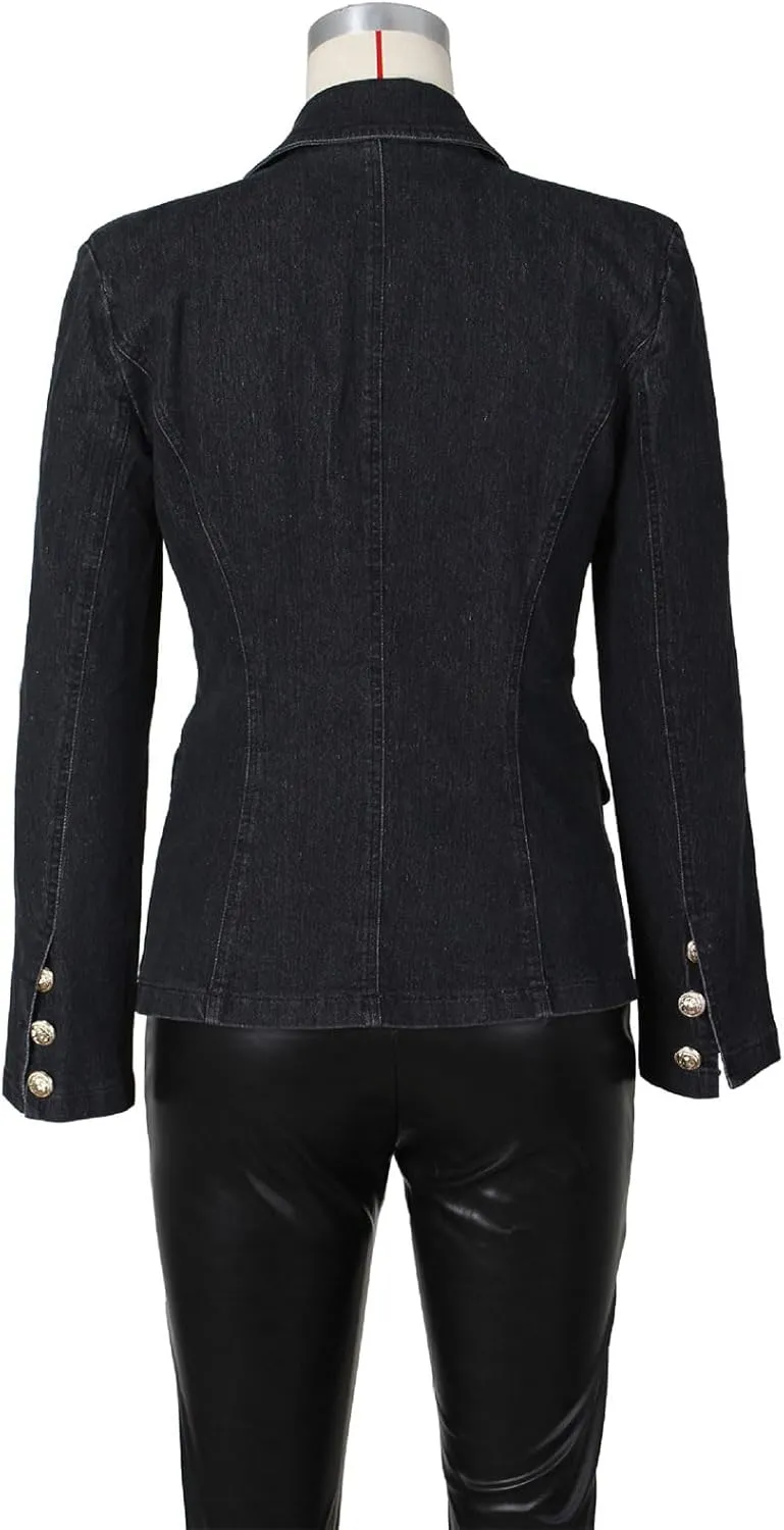 Angsuttc Blazers for Women Business Casual Denim Long Sleeves Lapel Double Breasted Jacket