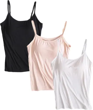 ANUFER Womens 3 Pieces Basic Camisole Adjustable Strap Vest Tank Tops with Built-in Shelf Bra Stretch Undershirts