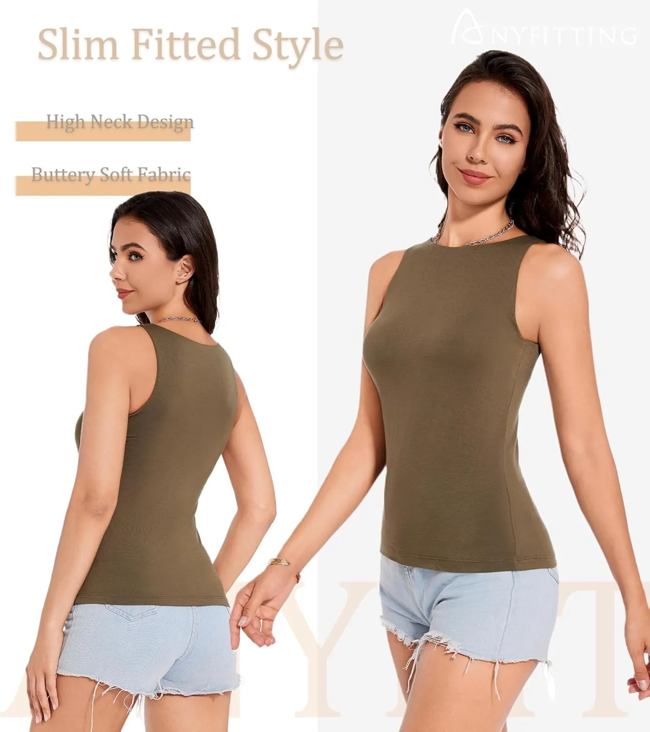 ANYFITTING Built in Bra Tank Tops for Women Sleeveless High Neck Fitted Shirts Summer Spring Basic Undershirts