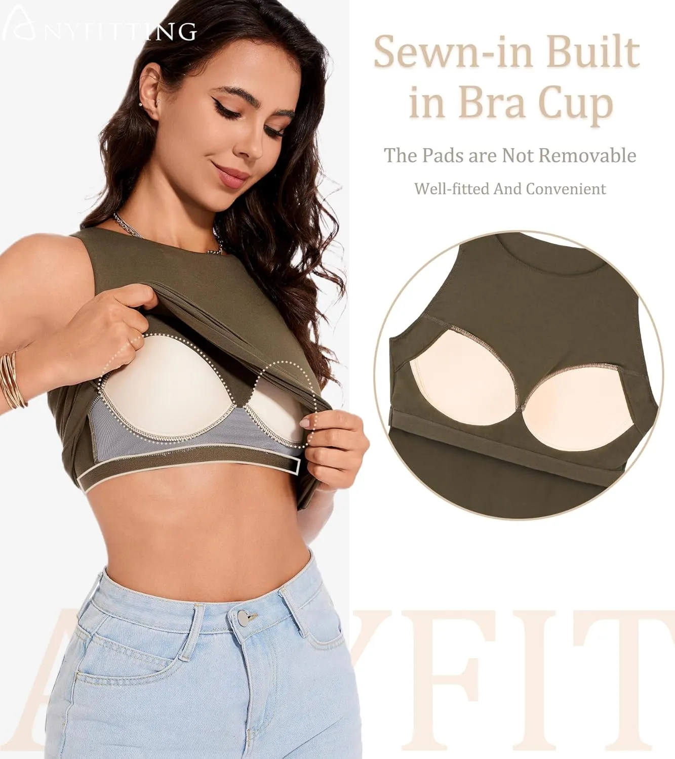 ANYFITTING Built in Bra Tank Tops for Women Sleeveless High Neck Fitted Shirts Summer Spring Basic Undershirts