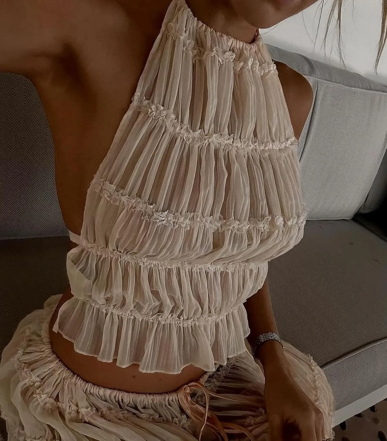 Argeousgor 2 Piece Maxi Skirt Set for Women Lace Up Back Tank Tops Tie Up High Waist Long Skirt Set