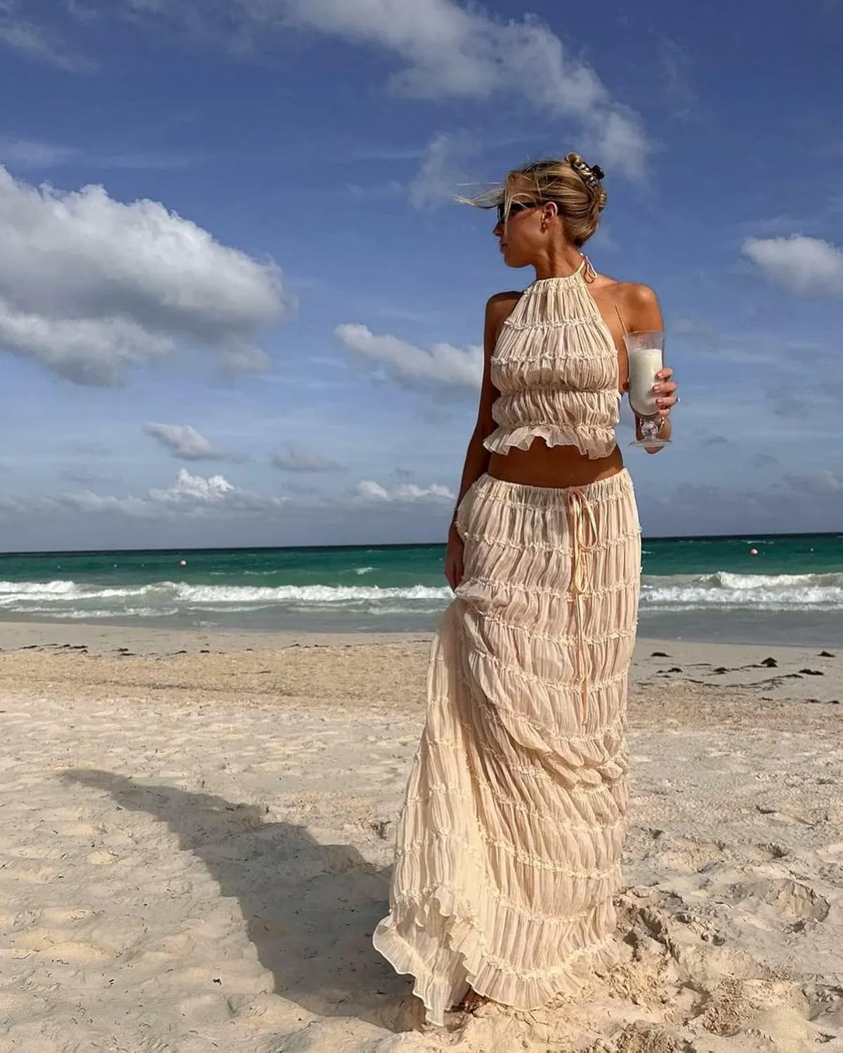 Argeousgor 2 Piece Maxi Skirt Set for Women Lace Up Back Tank Tops Tie Up High Waist Long Skirt Set