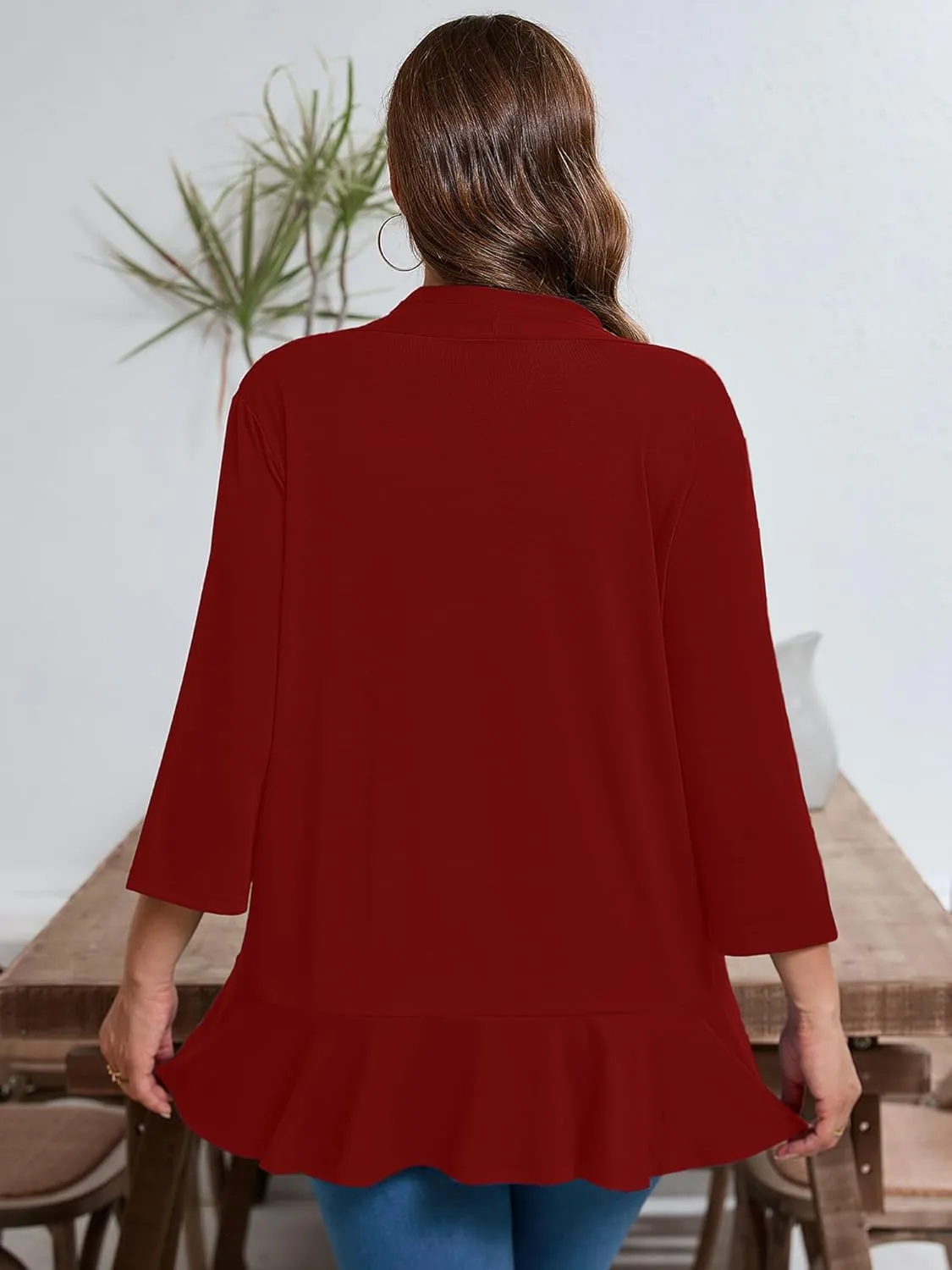 AusLook Women's Plus Size 3/4 Sleeves Lightweight Open Front Cardigan Draped Ruffles Shawls and Wraps Shrugs Kimono Jacket