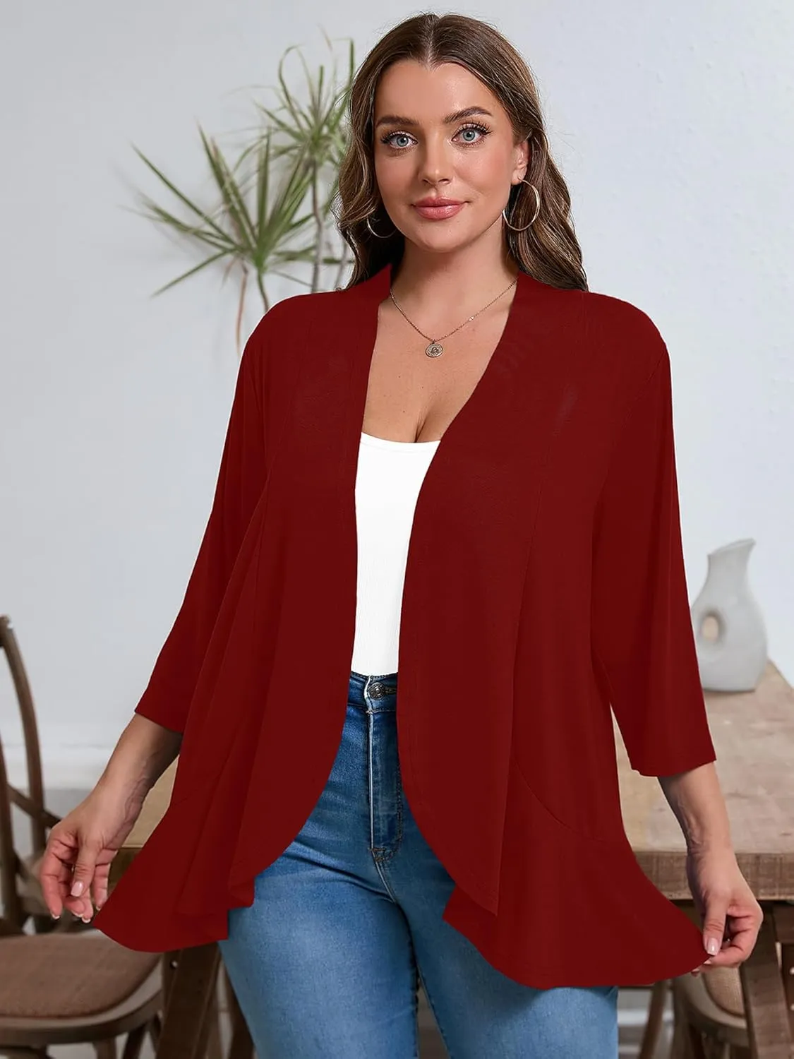AusLook Women's Plus Size 3/4 Sleeves Lightweight Open Front Cardigan Draped Ruffles Shawls and Wraps Shrugs Kimono Jacket