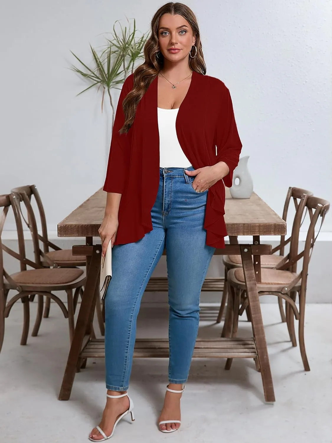 AusLook Women's Plus Size 3/4 Sleeves Lightweight Open Front Cardigan Draped Ruffles Shawls and Wraps Shrugs Kimono Jacket